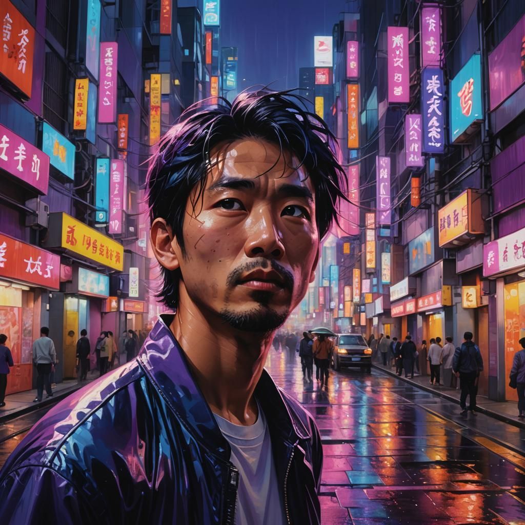 Man Amazed in Tokyo: Hyperrealistic Acrylic Art