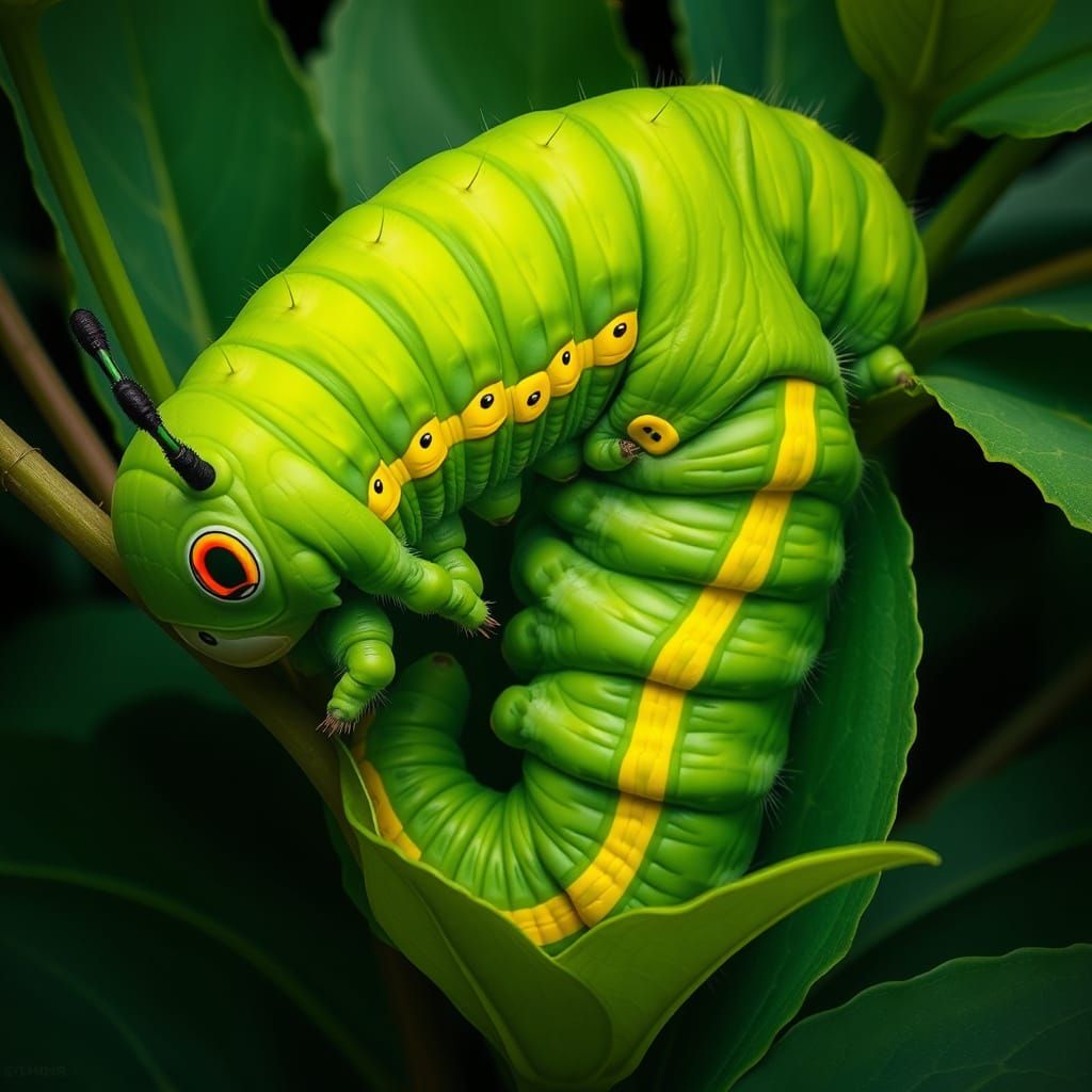 Hyperrealistic Caterpillar in Lush Greenery
