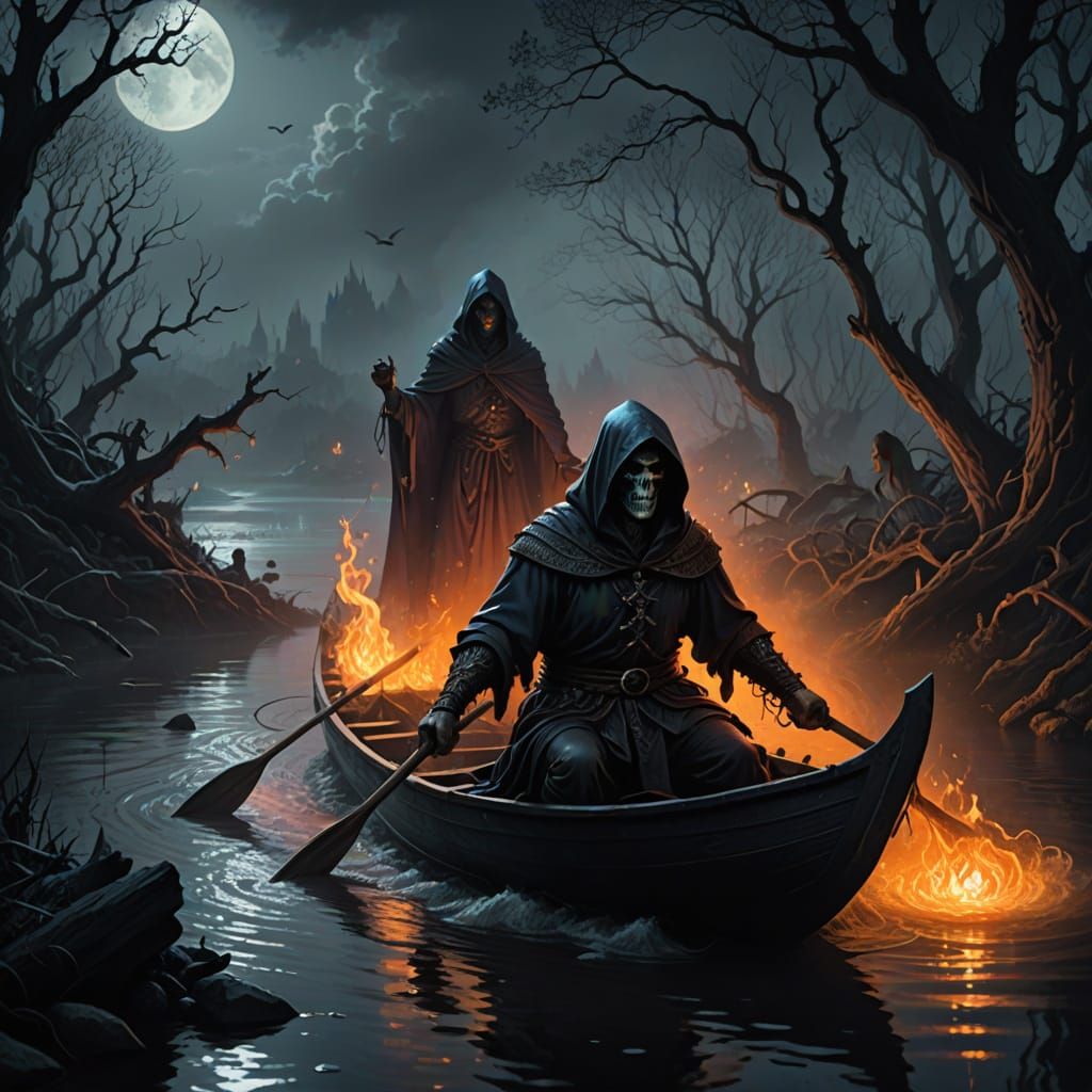 Ferryman Rowing Across the River Styx in Dark Fantasy
