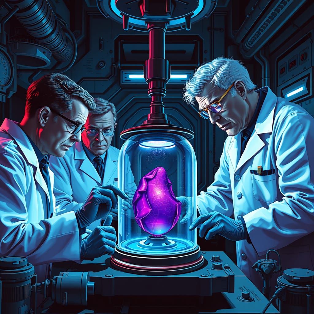 Scientists Study Purple Artifact in Futuristic Lab