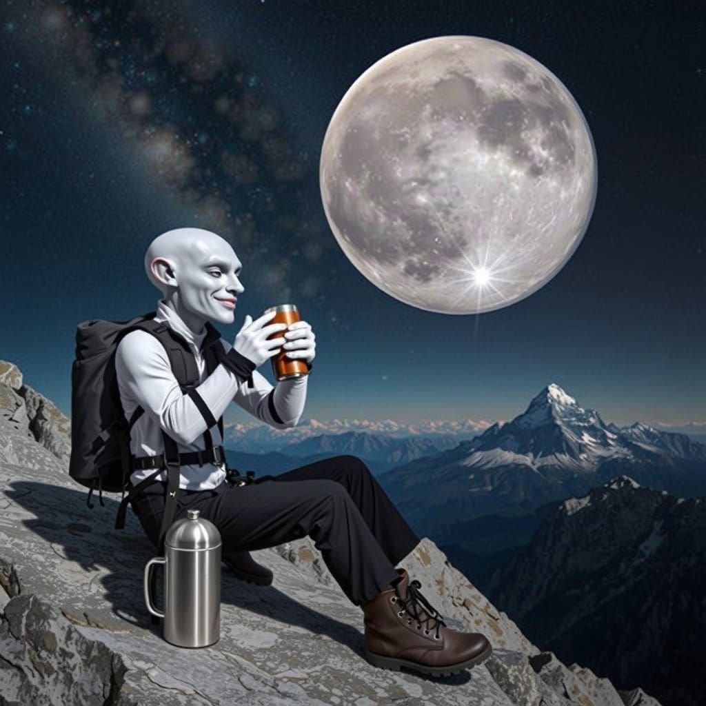 Grey Alien Mountain Climber Under the Night Sky