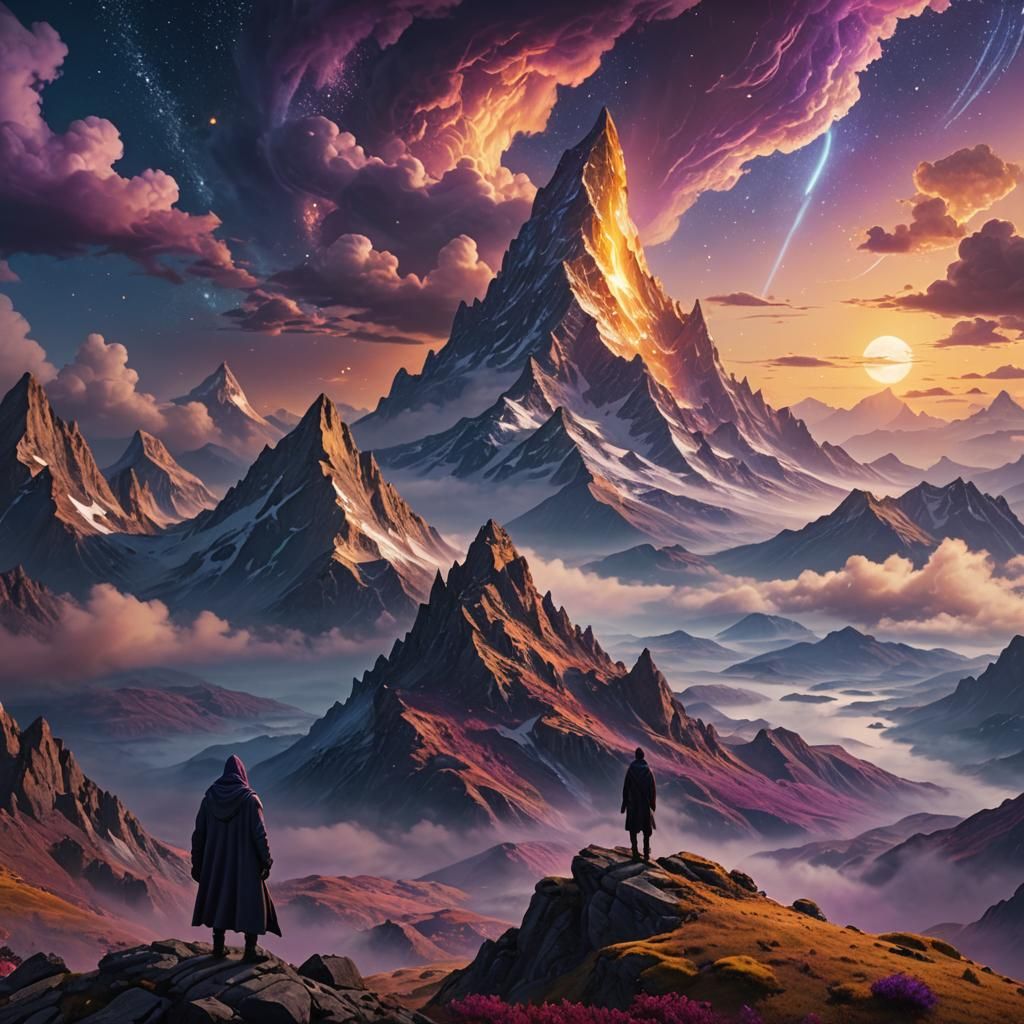 Mystical Figure on Glowing Mountain: Fantasy Concept Art