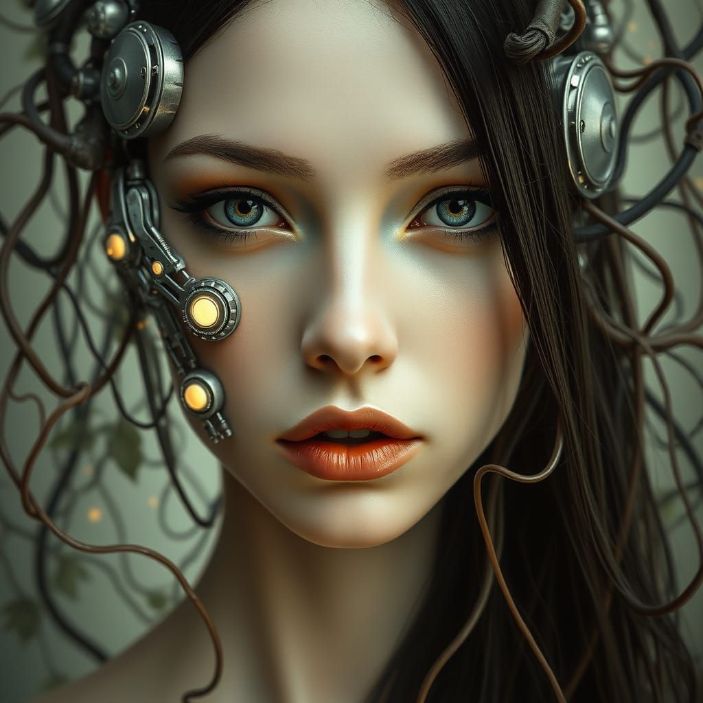 Surreal Cyborg Portrait with Glowing Circuits