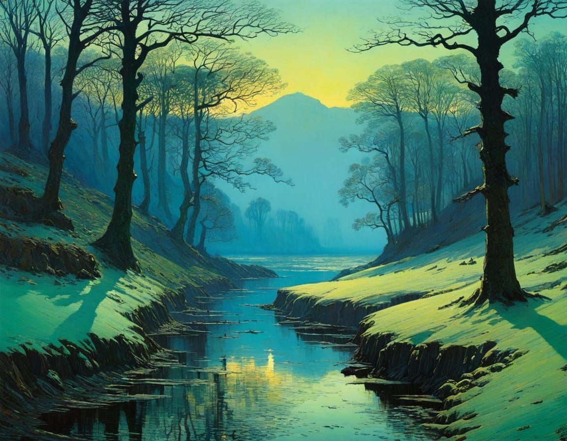 Moonlit Landscape in Romantic Realism Style