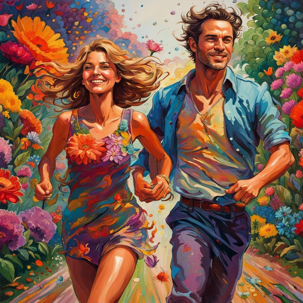 Happy Couple Running in Flower Garden, Hyperrealistic Art