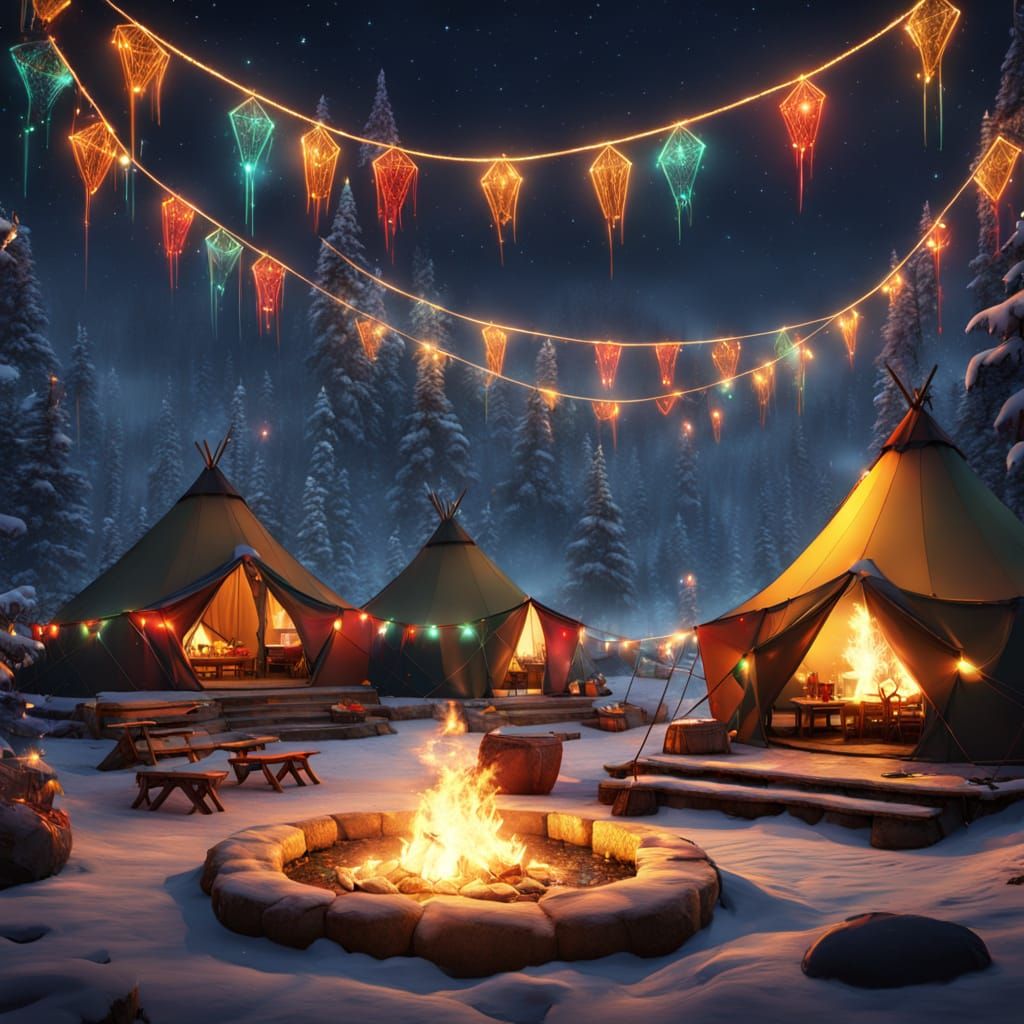 Winter Glamping Oasis Under Starry Night Sky