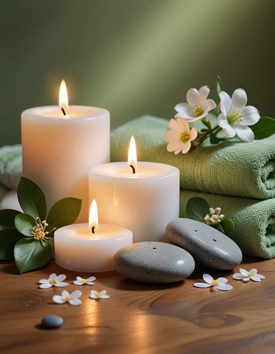 Peaceful Still Life with Stones, Candles and Flowers