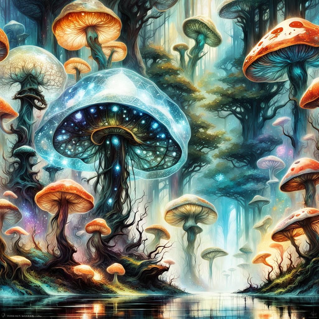 Enchanted Forest with Glowing Mushrooms, Maximalist Impressi...