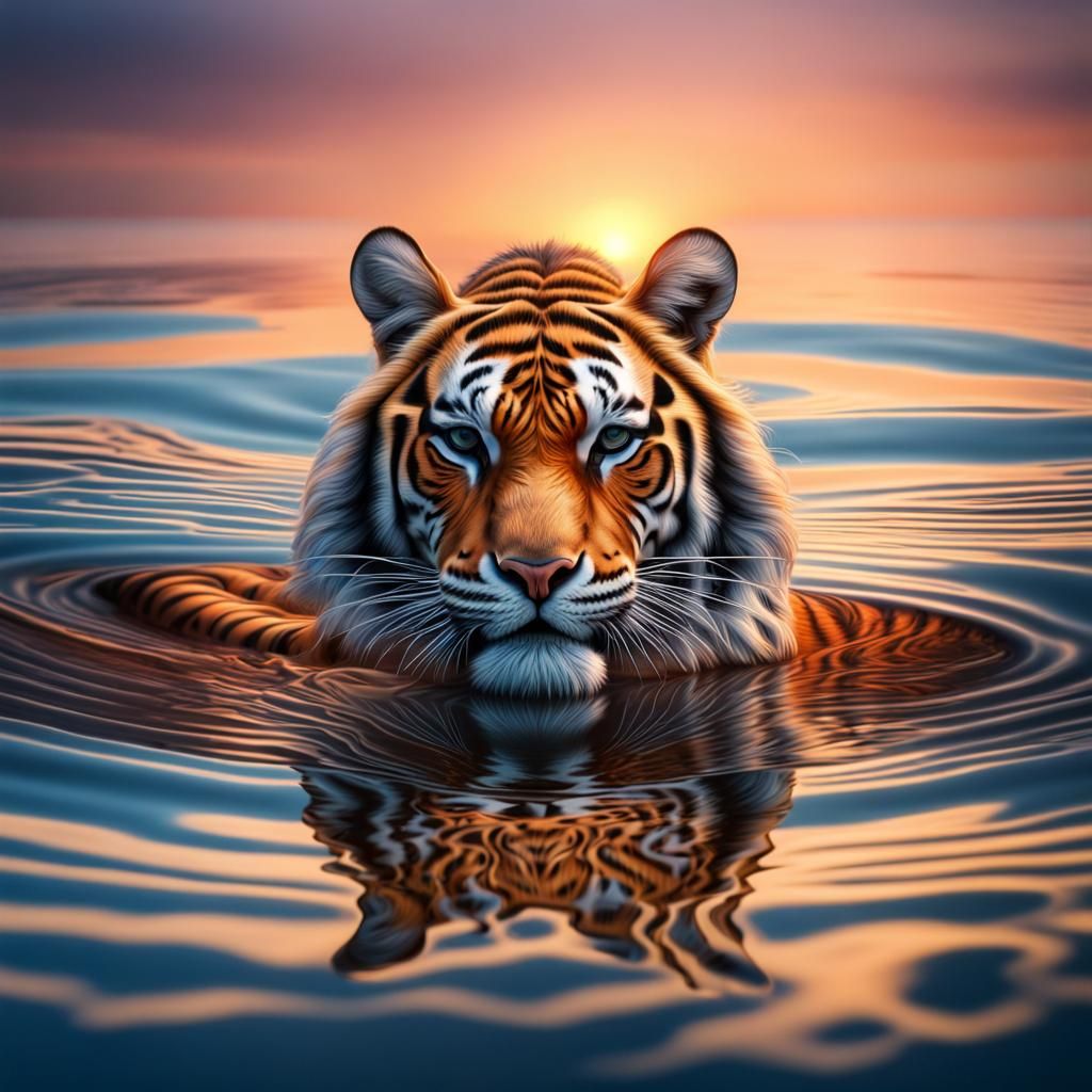 Hyperrealistic Tiger Optical Illusion at Sunset