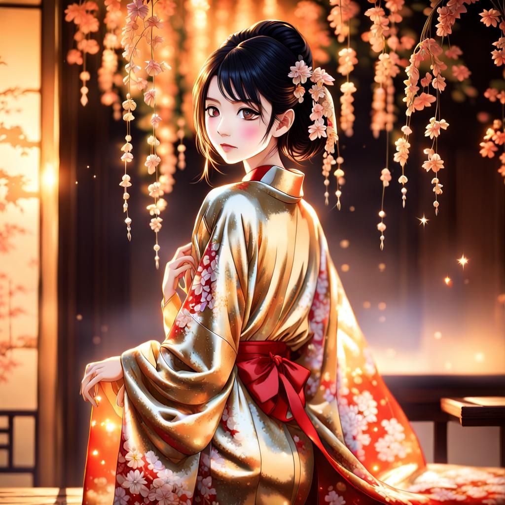 Beautiful Woman in Kimono Under Kyoto Starry Sky