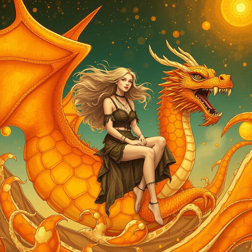 Woman on Gummy Dragon in Soda Sea, Art Nouveau Style