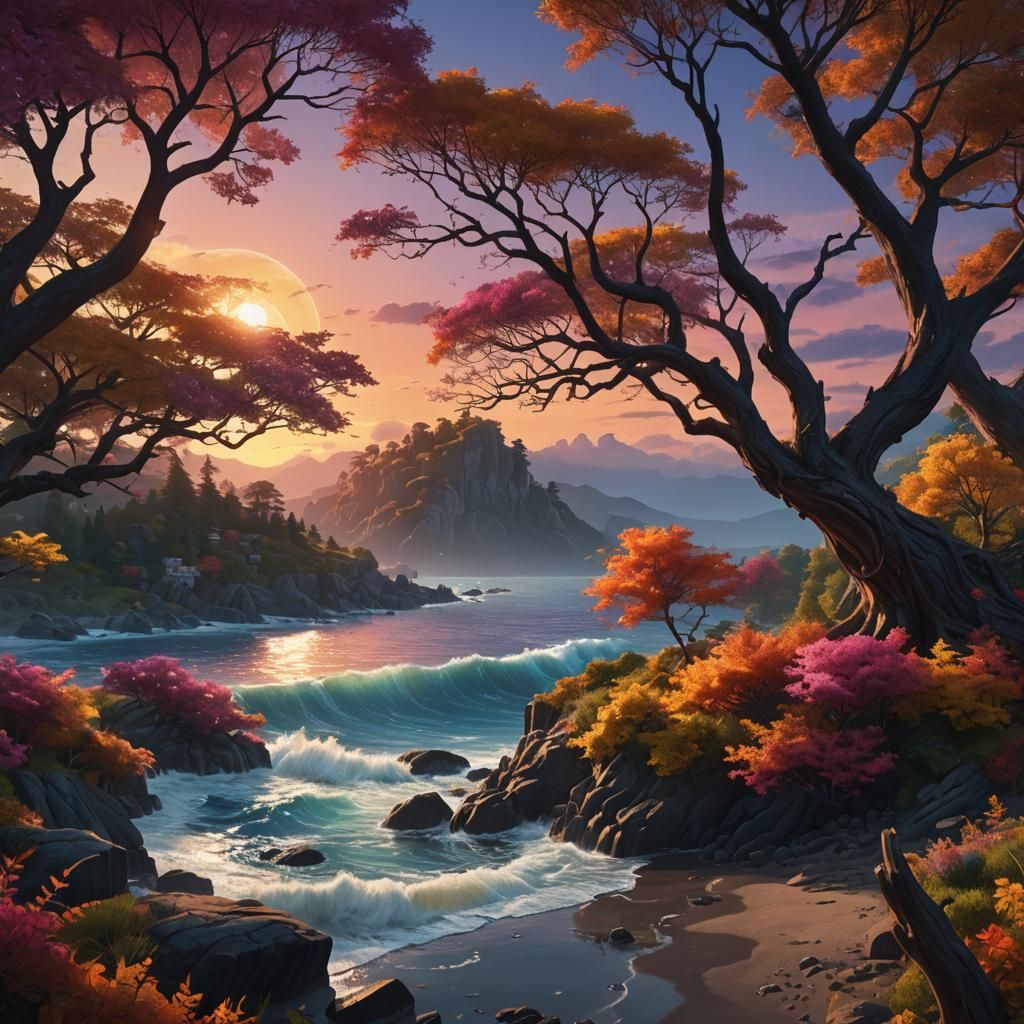 Colorful Sunset Over Sea with Trees