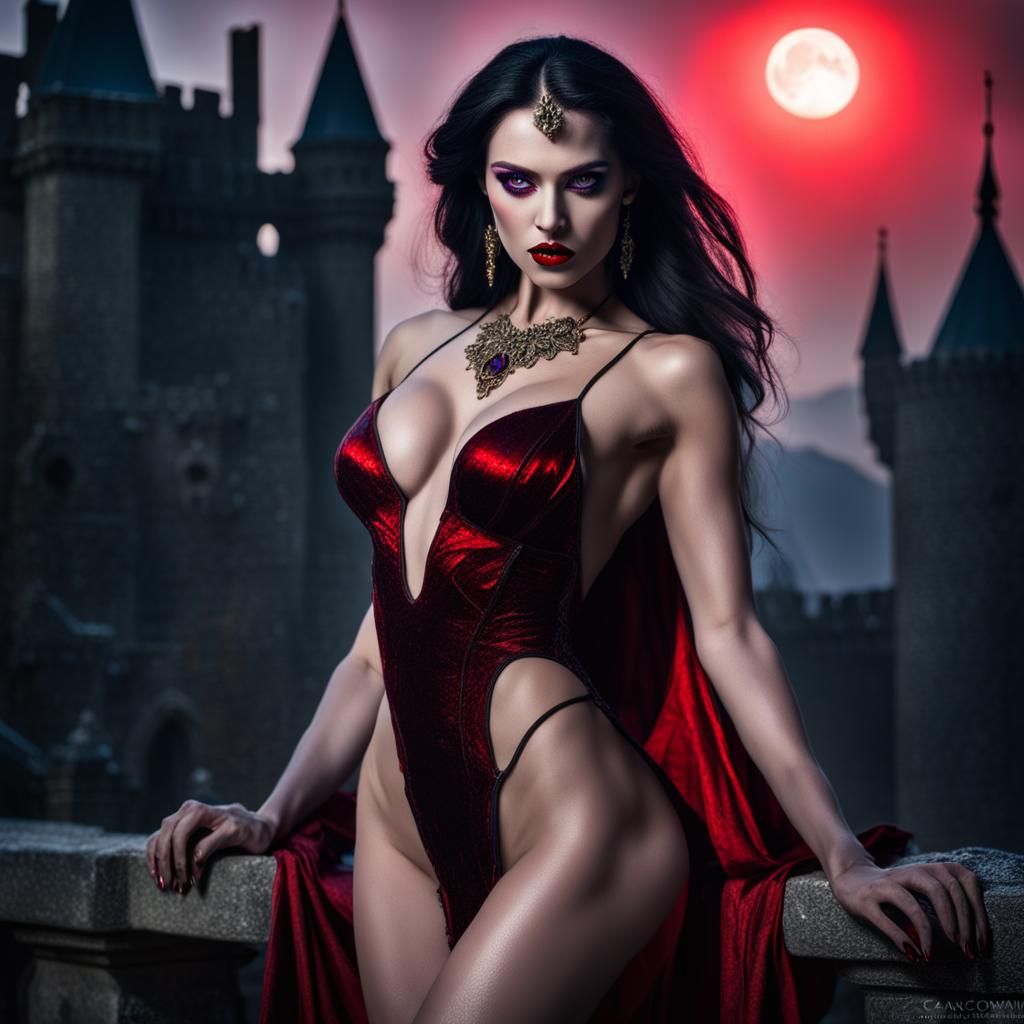 Lustrous Unclad Vampiress Queen in Moonlight Castle
