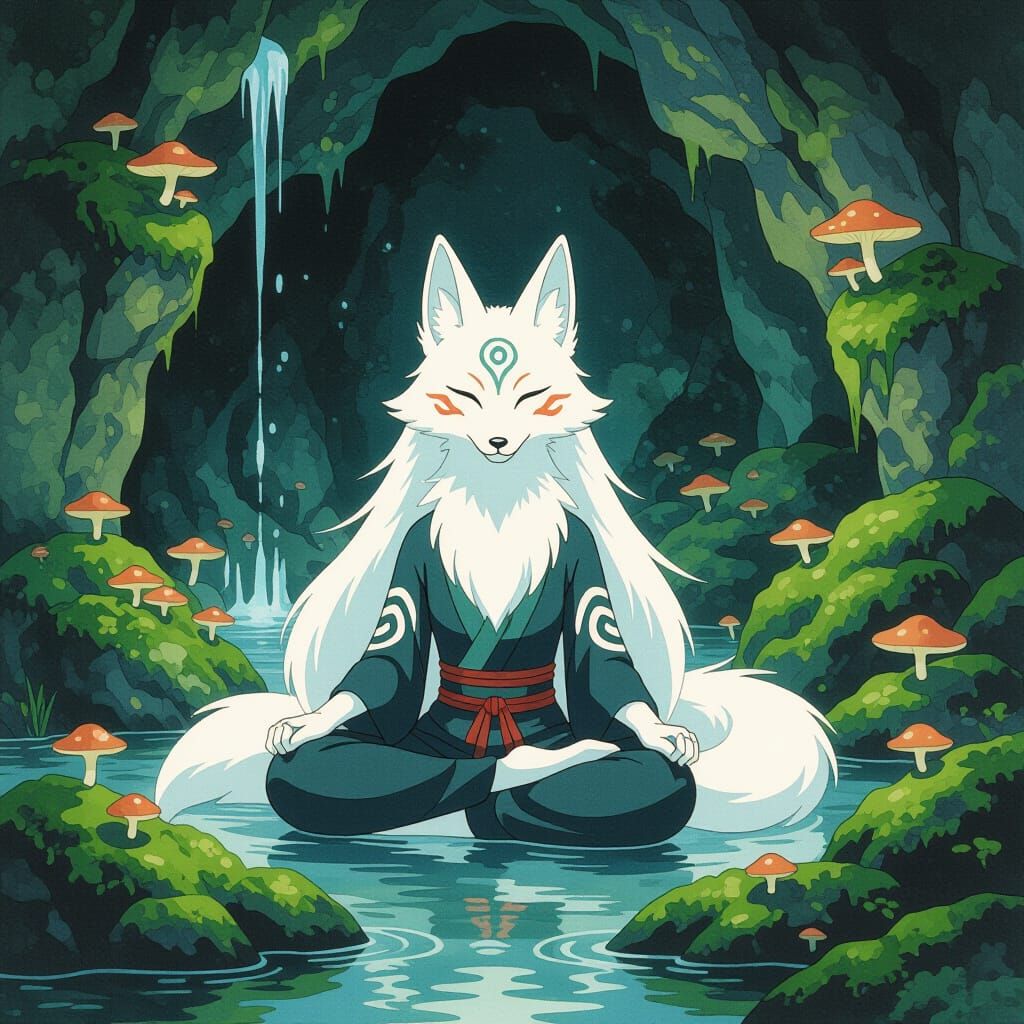 Kitsune Spirit Meditating in Grotto: Chinese Ink Wash Style