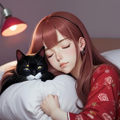 Girl with Cat Sleeping in Anime Style