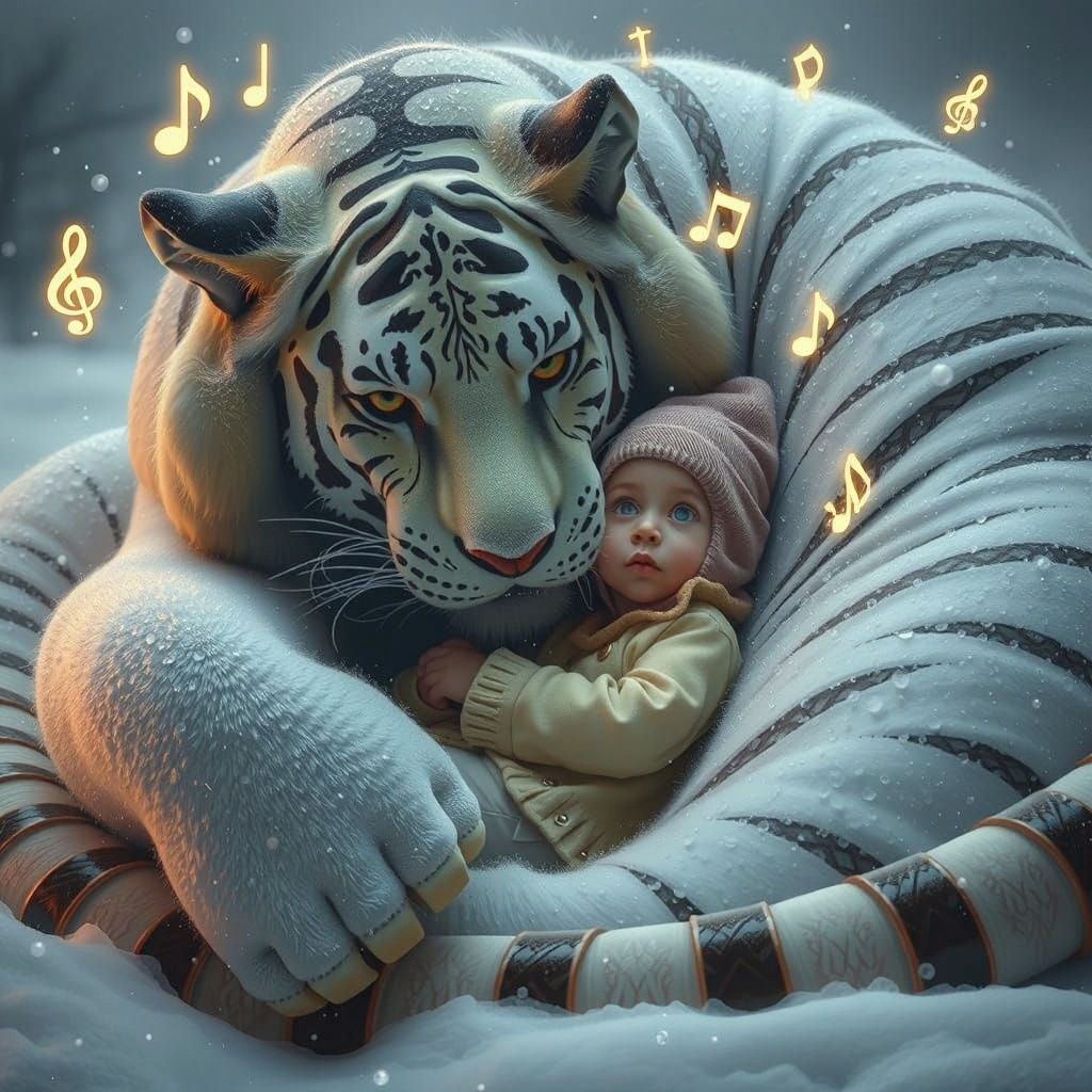 Snow Tiger Protects Boy on Winter Night