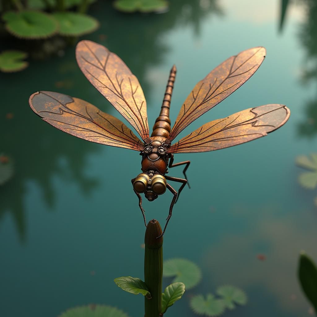 Steampunk Dragonfly with Copper Wings Alighting on Reed