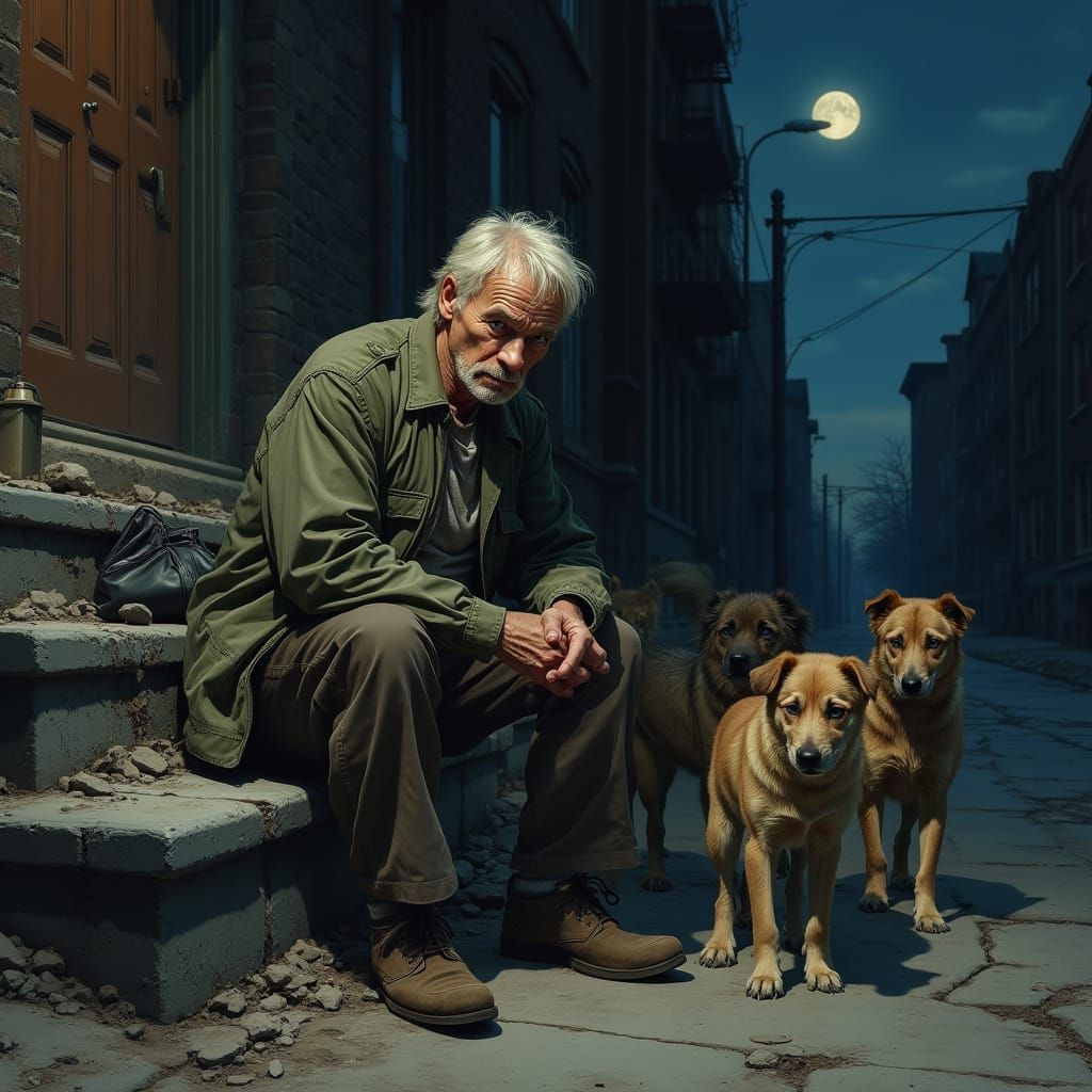 Sorrowful Man on Stoop in Photorealistic Urban Landscape