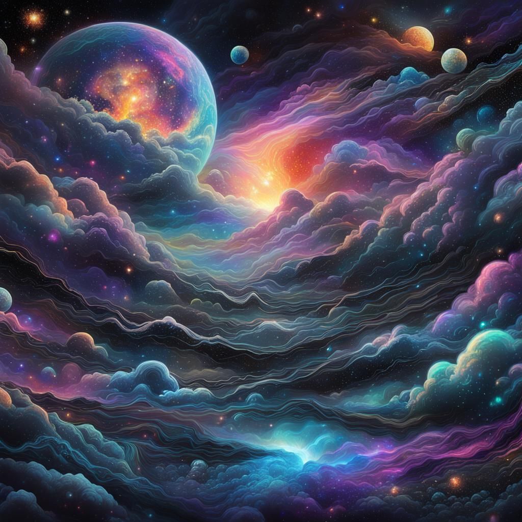 Cosmic Black Clouds: Holographic Astral Illustration