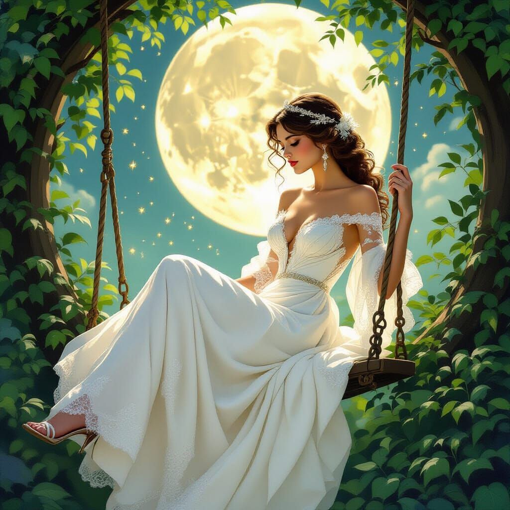 Moonlit Beauty Queen on a Swing, Alphonse Mucha Style