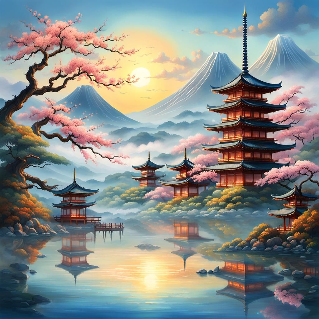 Japanese Landscape in Oil Painting Style