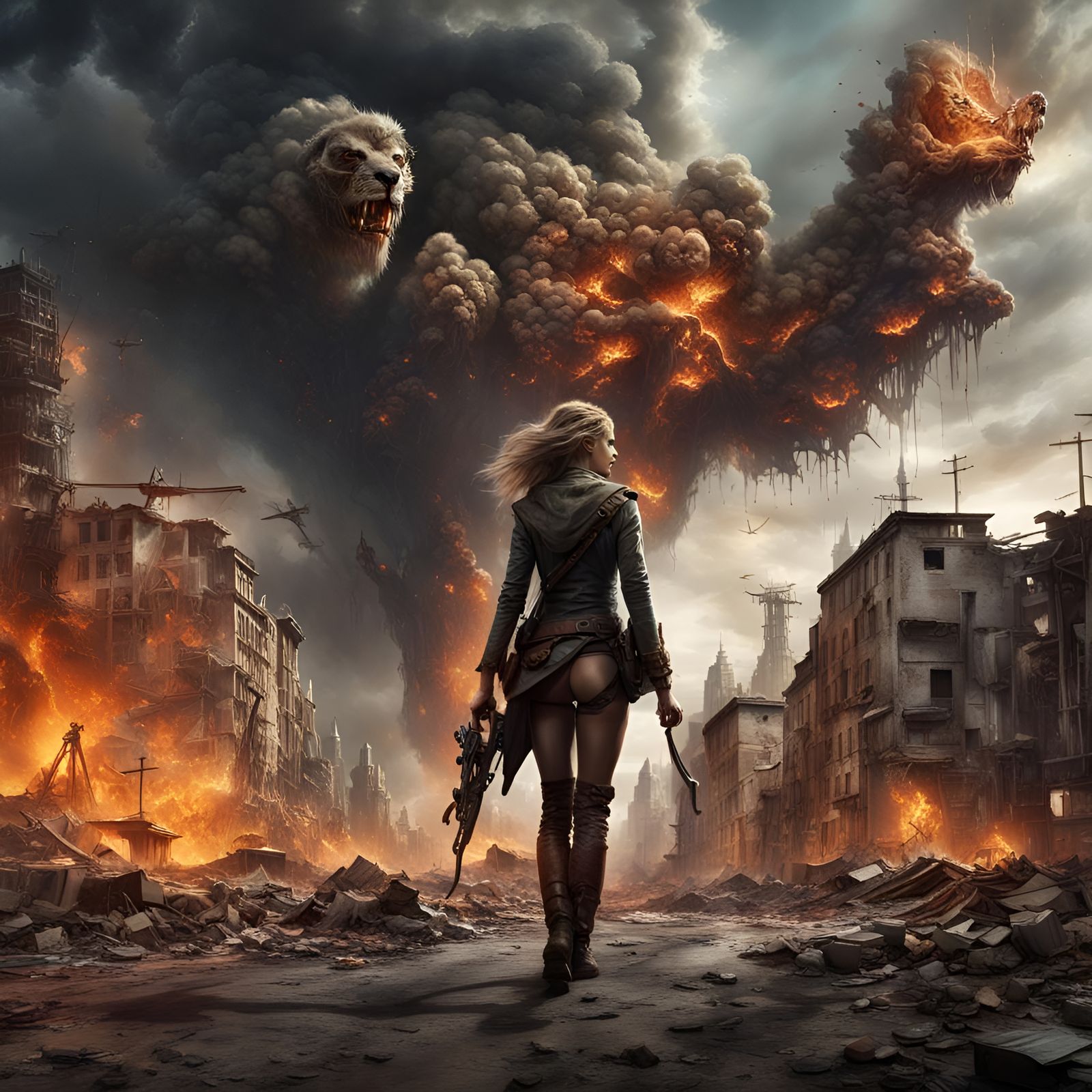 Apocalyptic Woman with Lion in Devastated City