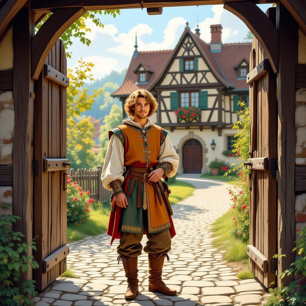 Medieval Man in Colorful Tunic by Gate in Renaissance Style