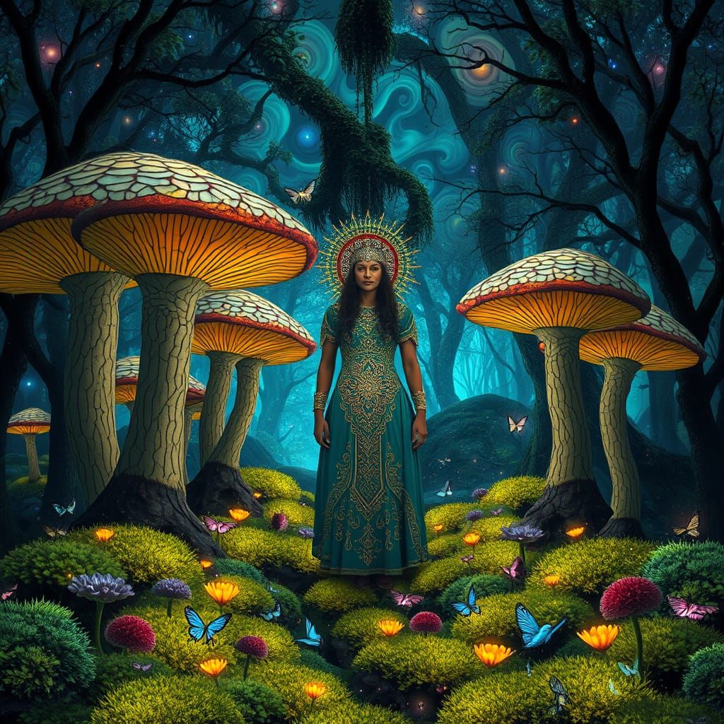 Luminous Mushroom Grove with Mystical Shaman