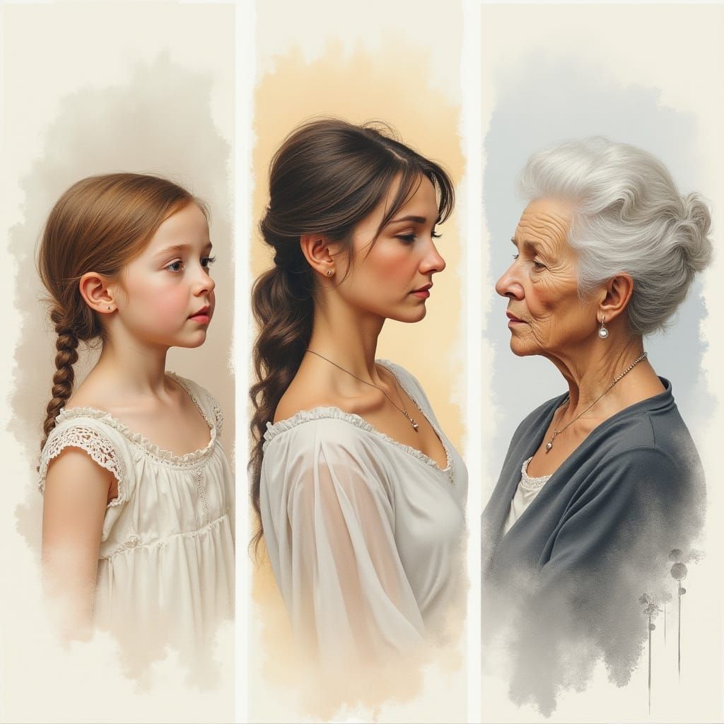 Triptych of Life Stages in Watercolor and Charcoal