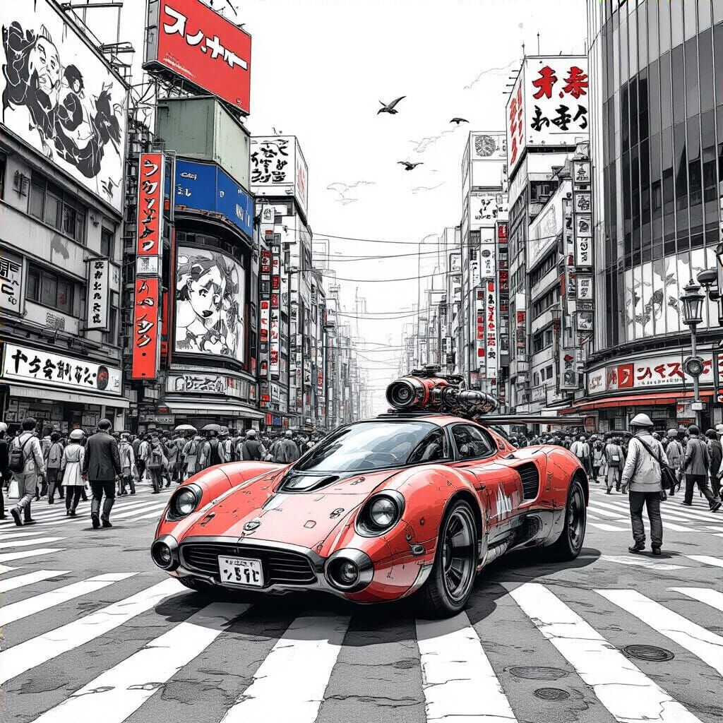 Steampunk Car in Japanese City, Hyperrealistic Manga Art