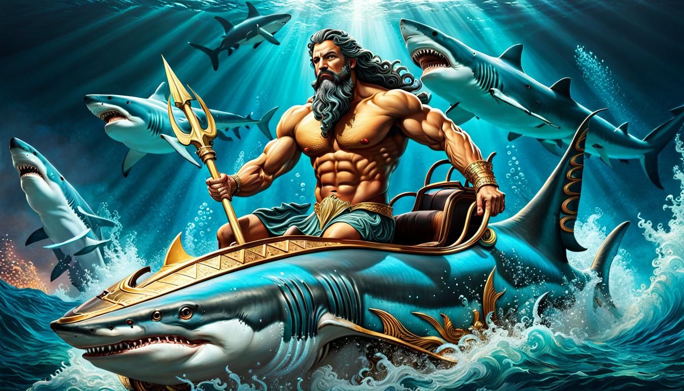 Poseidon in Aquatic Chariot Pulled by Sharks