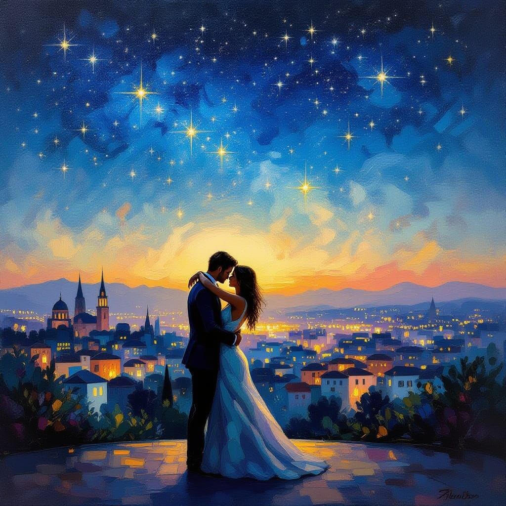 Romantic Couple Embracing Under Starlit Sky Oil Painting