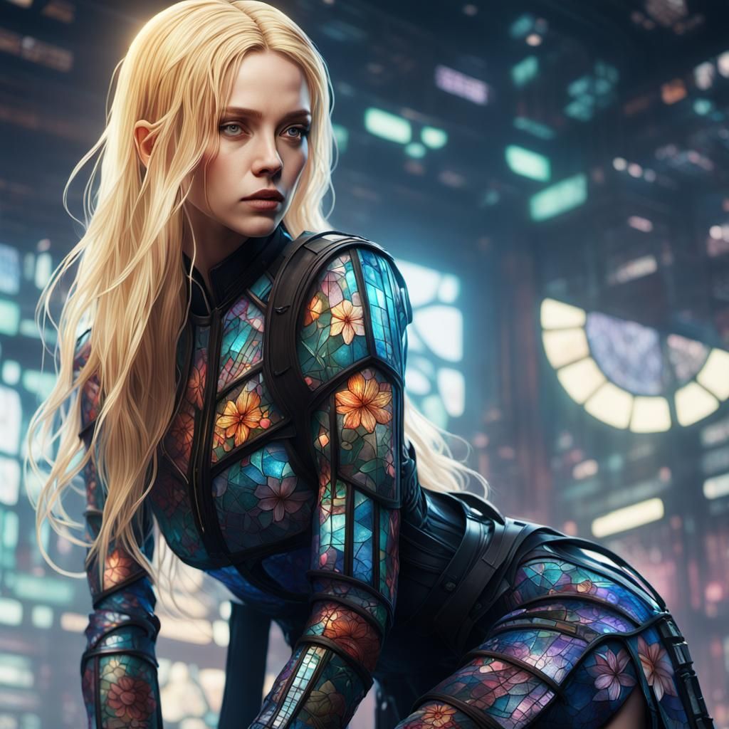 Stained Glass Woman in Cyberpunk Setting