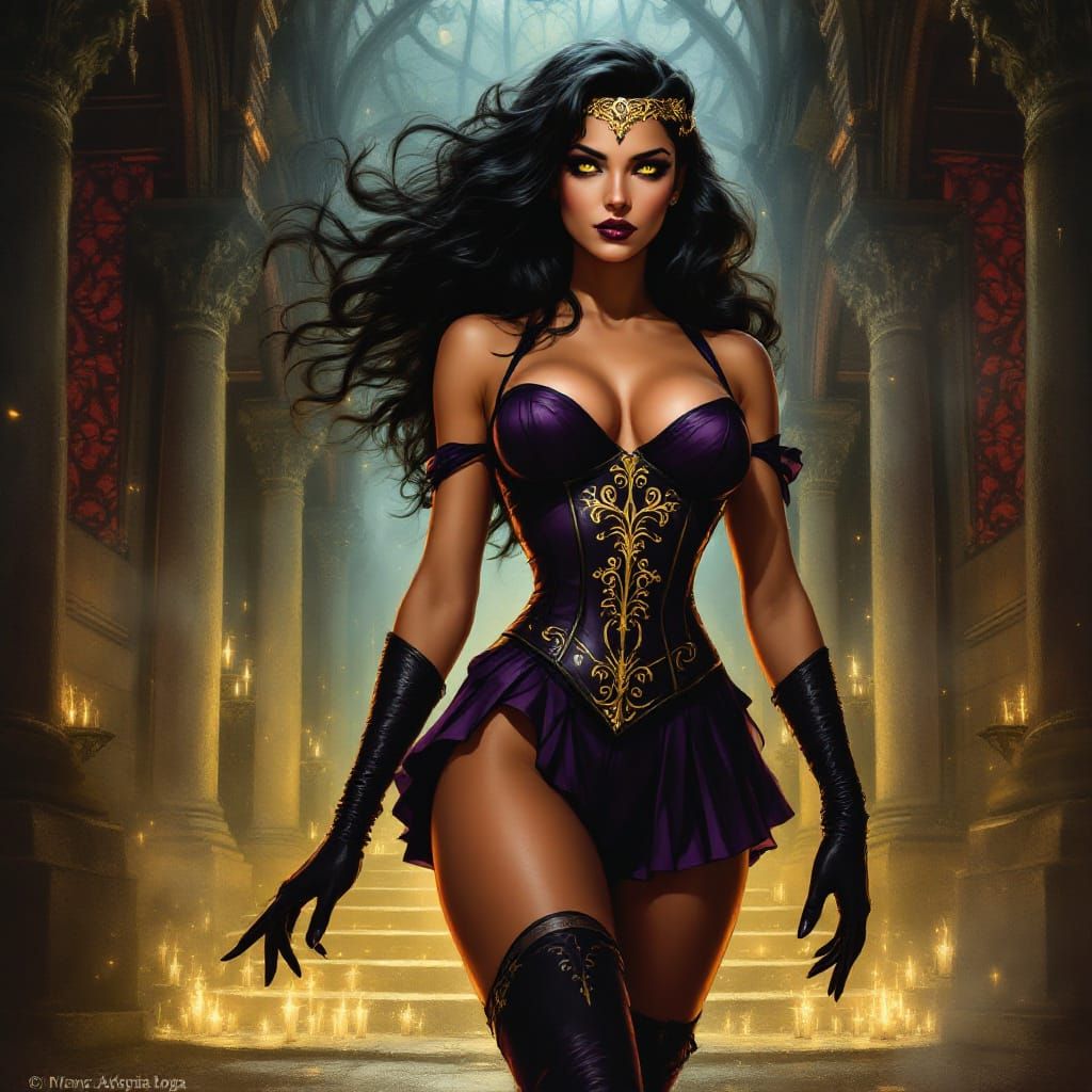 Pin-Up Sorceress Queen in Dark Fantasy Palace