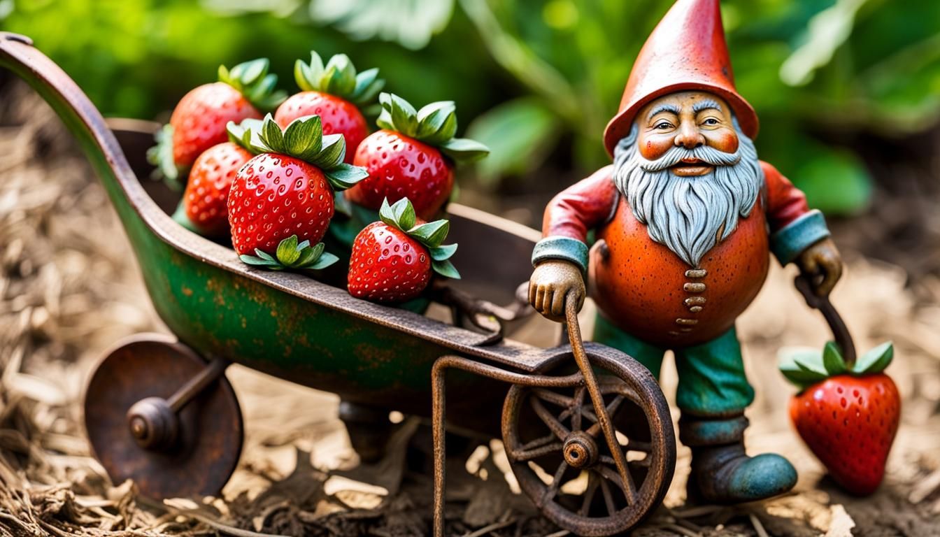 Metal Toy Gnomes Harvest Strawberries in Garden