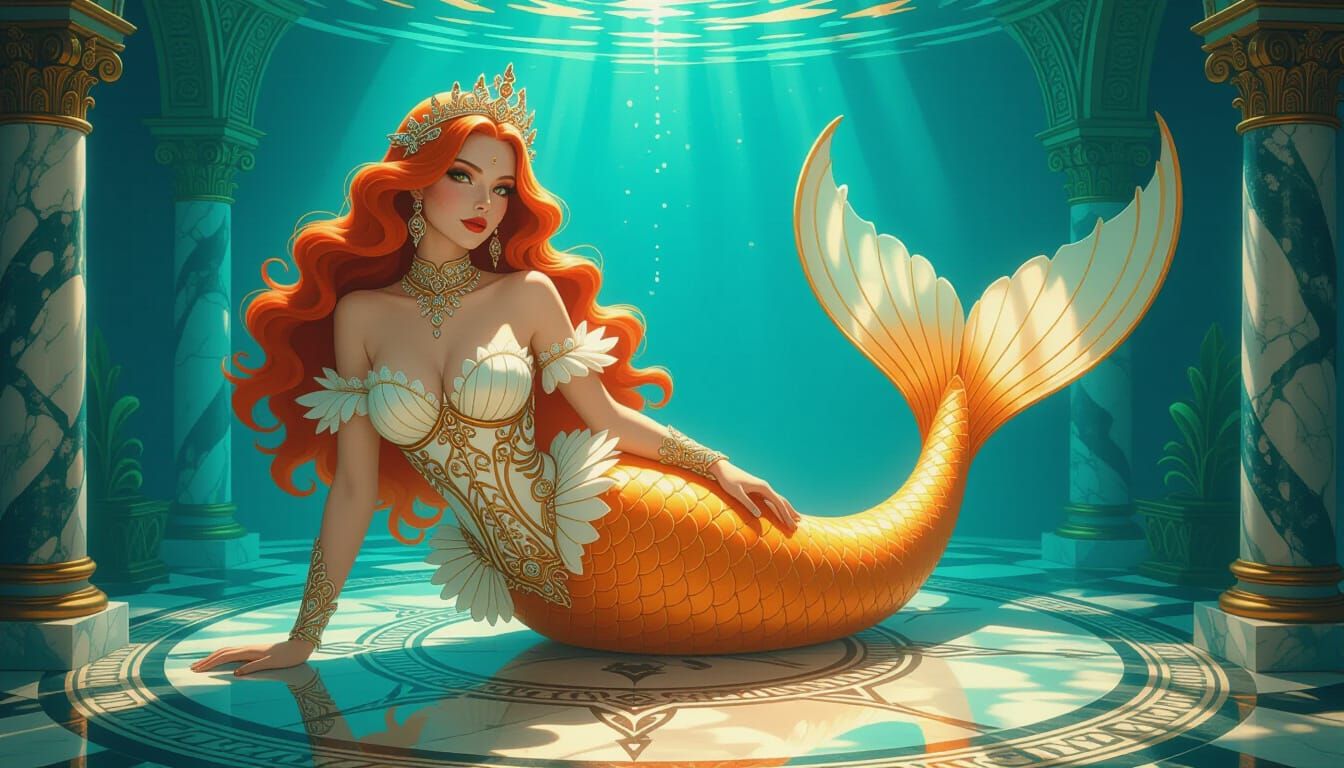 Steampunk Mango Mermaid Queen in Marble Chamber
