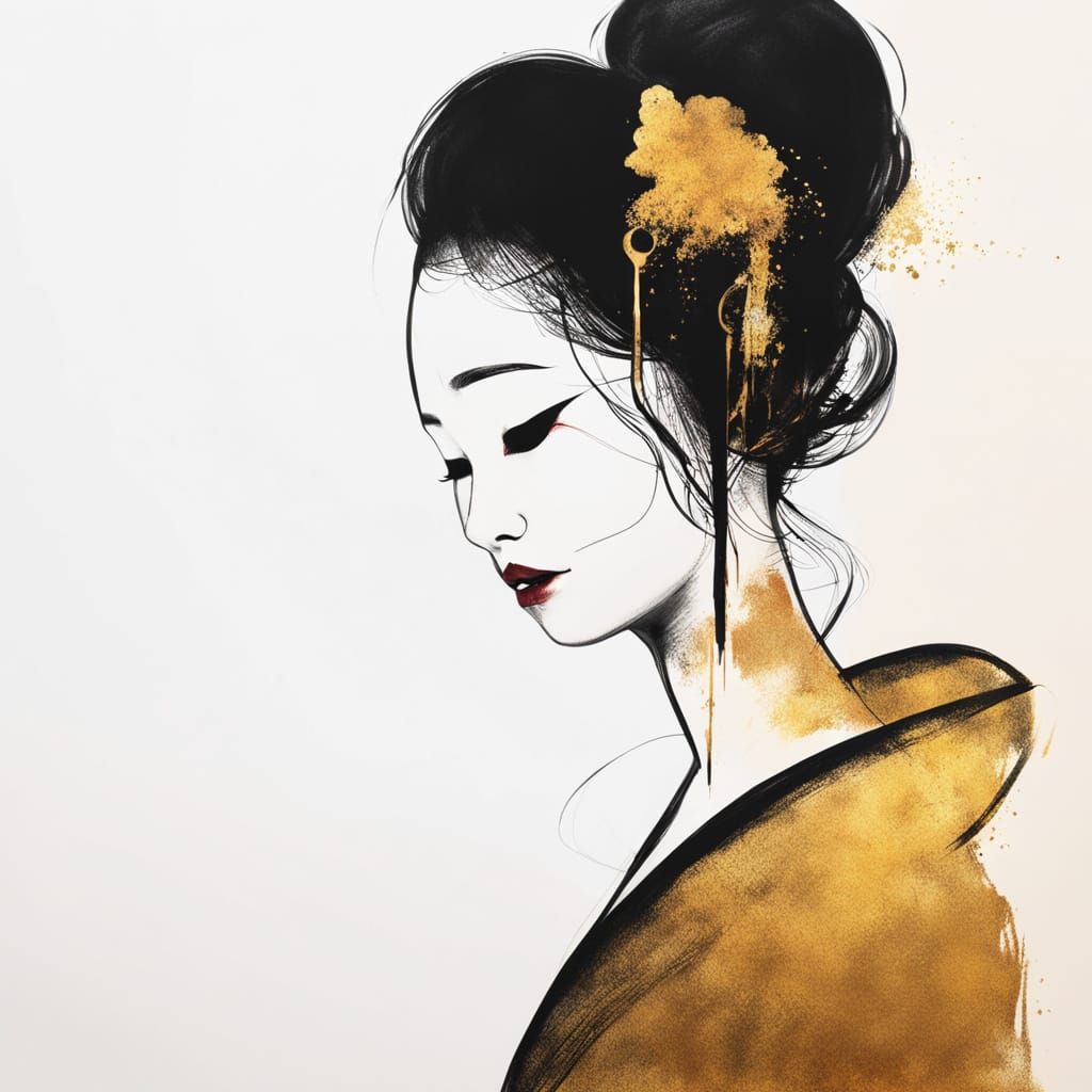 Geisha's Bloody Tears: Sumi-e Mixed Media