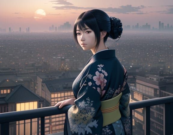 Anime Girl in Elegant Kimono, Set Against a Cityscape in Mon...