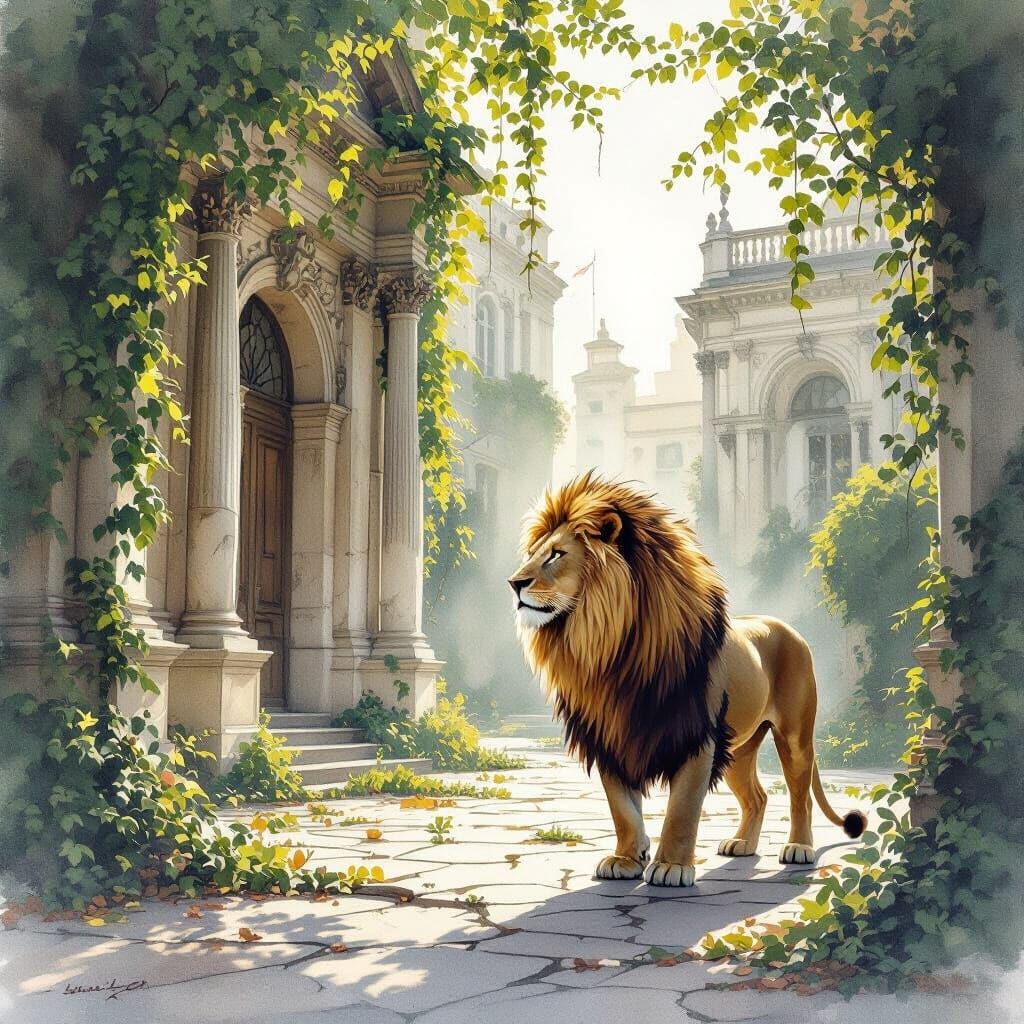 Golden Mane Lion Guards Overgrown City Square