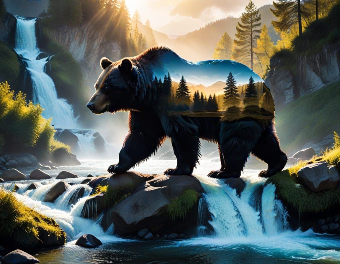 Bear Silhouette With Waterfall Scene Over River