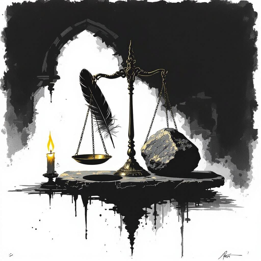 Feather and Stone Balanced on Antique Scale in Shadowy Hall