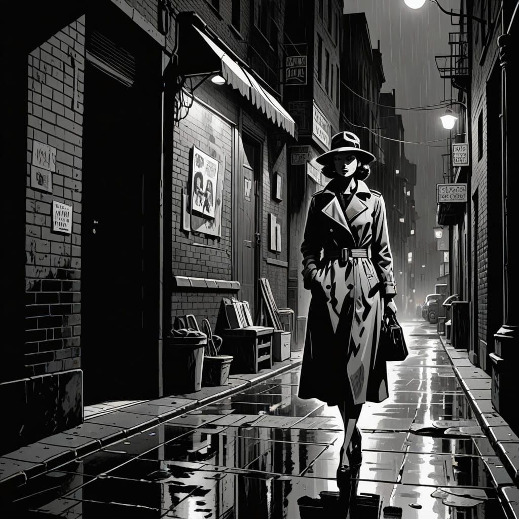 Dark City Woman in Trench Coat Stands in Shadows