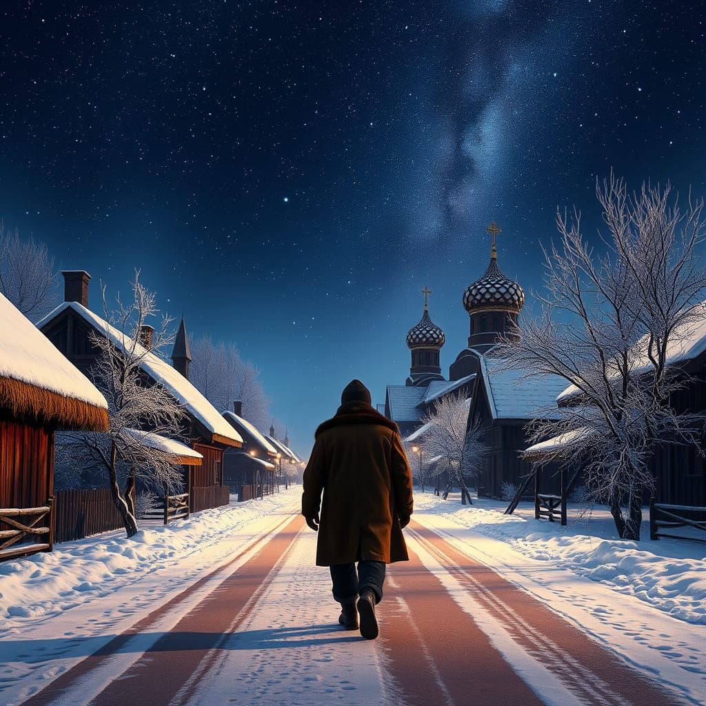 Snowy Russian Village Under Starry Night Sky