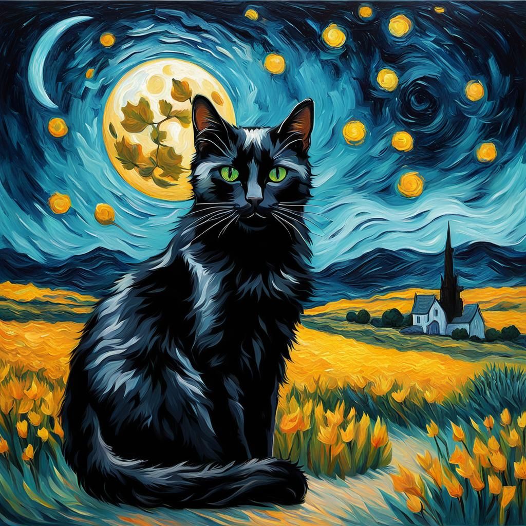 Black Cat and Moon in Van Gogh Oil Painting Style