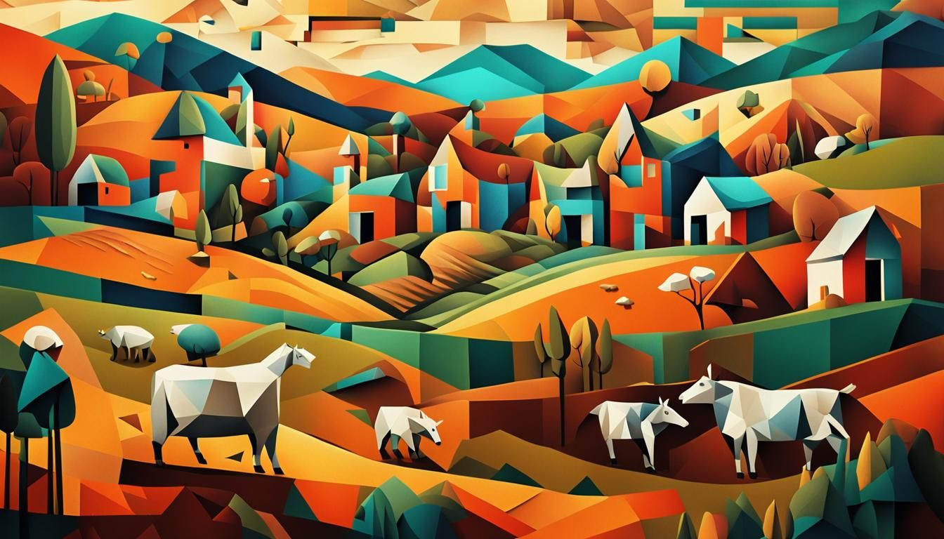 Cubist Farm Scene in Geometric Abstract Style