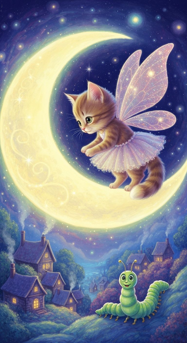 Whimsical Fairy Kitten on Moonlit Watch