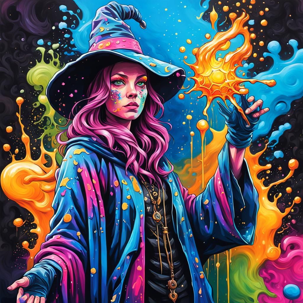 Epic Female Wizard Casting Powerful Magic in Graffiti Art