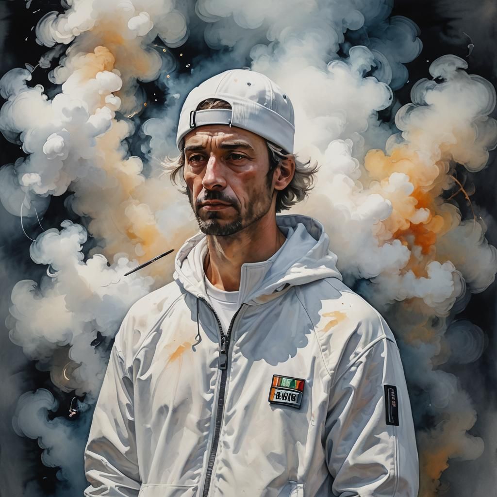 Gouache Portrait of Person in Tracksuit with Smoke Mobile