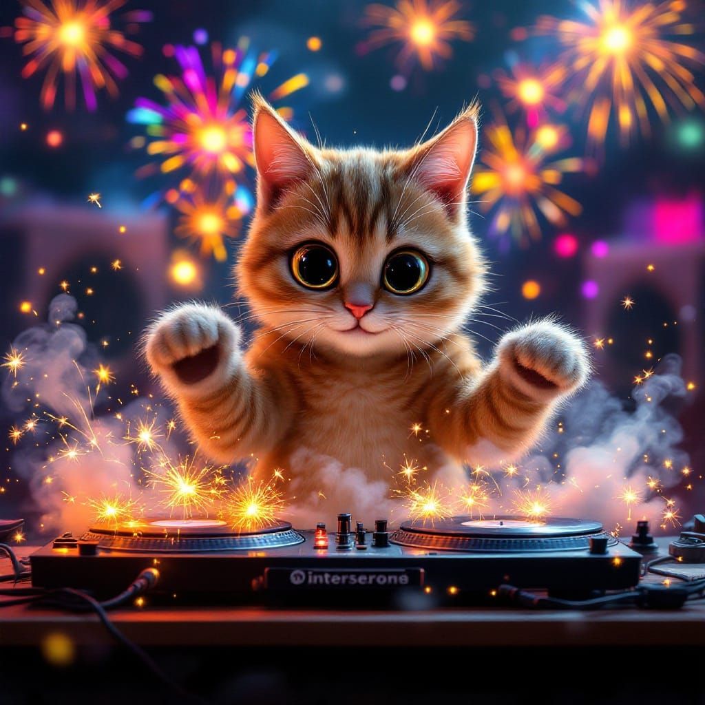 Whimsical Feline DJ Amidst Vibrant Fireworks