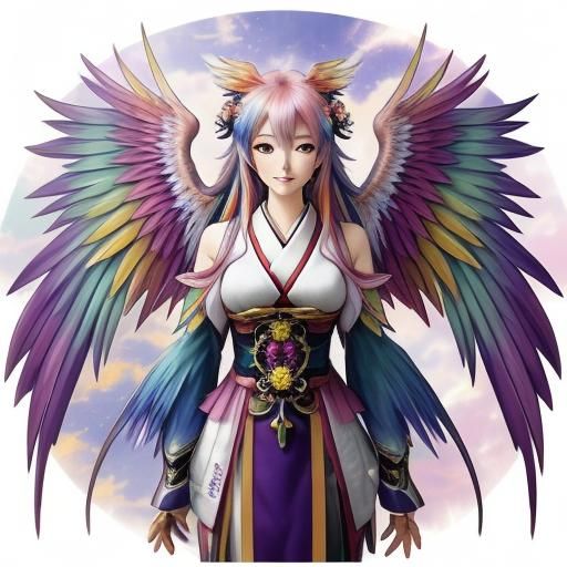 Anime Angel with Colorful Wings in Ethereal Setting